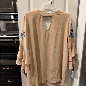 Janette Plus Beige Top with Blue Embroidery
